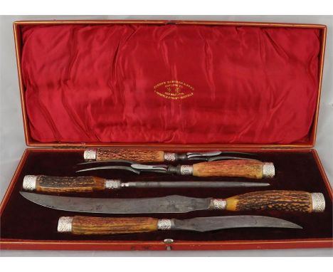 A Victorian horn handled silver mounted five piece cased carving set, by Joseph Rodgers &amp; Sons,&nbsp;Sheffield 1896, to i