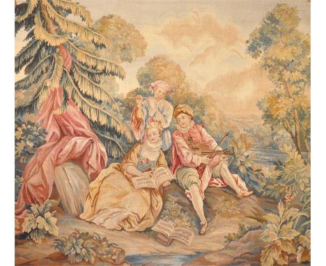 A large Aubusson tapestry, French 20th century,&nbsp;depicting a couple&nbsp;and musician within a forested landscape, height