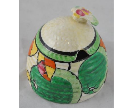 Clarice Cliff for Newport Pottery, a small Apples beehive honey pot, Bizarre mark, 7.5cm high
