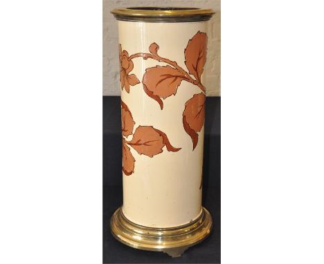 A Victorian glazed ceramic and brass stick/umbrella stand, with an enamelled floral design,&nbsp;height 59cm x 27cm at base.&