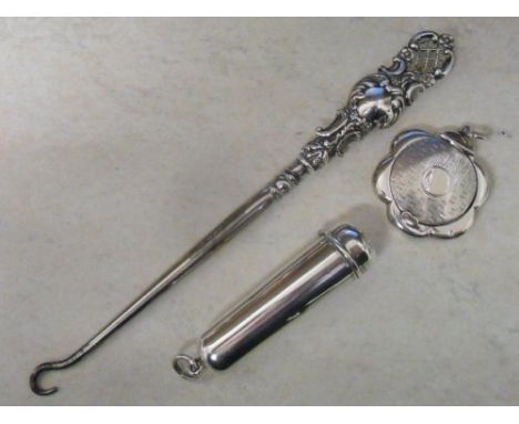 Silver handled button hook maker Adie & Lovekin Ltd, cigar holder Chester 1899 maker William Neale & miniature compact Birmin