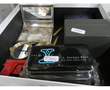 A silver plated ladies make up case, a brass compass, an old spud gun, two small pen knives, four old analogue watches and tw