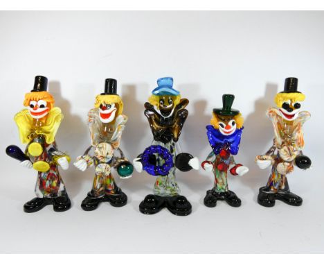 A group of five Murano glass clowns to include one playing a blue glass tambourine, tallest measures 24cm 