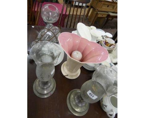 A pair of hurricane candles, table lamp and other light fittings 