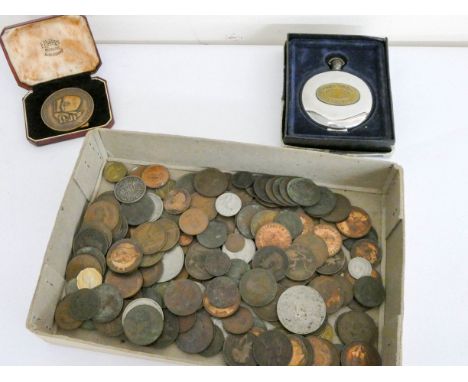 Various old copper and other coins, pocket flask etc 