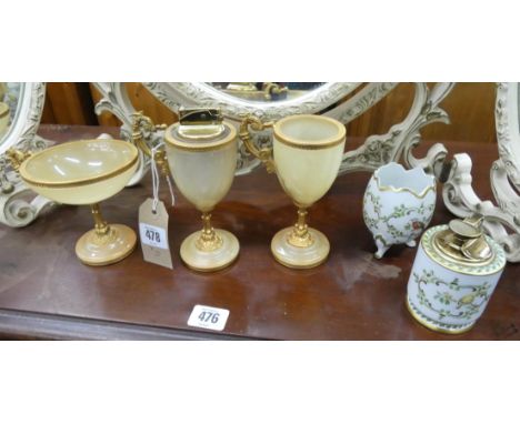 A three piece onyx smokers set and a Limoges table lighter and vase 