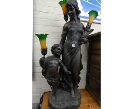 A large Art Deco Tiffany style, lady with child, figure table lamp with coloured glass shades 