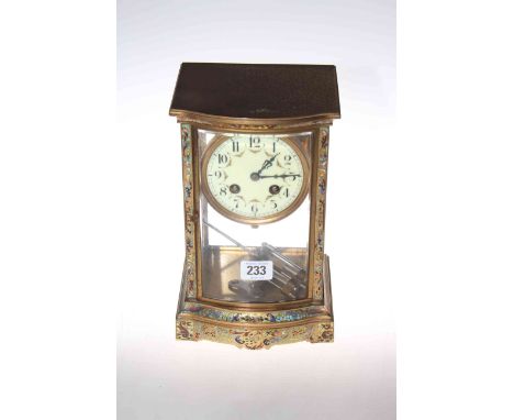 Enamel decorated and brass four-glass mantel clock, circa 1900