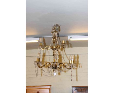 Brass lustre drop nine branch two tier ceiling light and brass standard lamp and shade