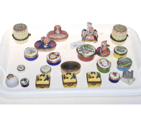 Collection of enamel and other boxes including Halcyon Days, Bilston & Battersea, and two Copenhagen ornaments