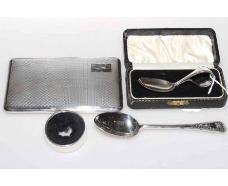 Heavy silver cigarette case, Victorian silver spoon, child's silver spoon and a silver napkin ring (4) cigarette case 6.9oz