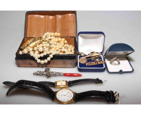 Two watches, faux pearls, concealed bangle watch, baby's rattle