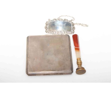 Silver port label, silver cigarette case and a seal (3)
