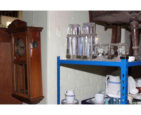 Oak cased wall clock and two pairs of glass table lustres
