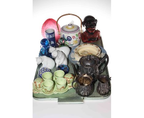 Three Lladro polar bears, money box, Poole biscuit barrel, three piece plated tea set, ruby shade, etc