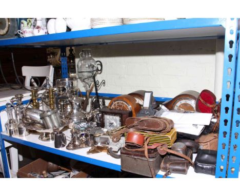 Five mantel clocks, vintage cameras, binoculars, silver plated ware, pair of brass candlesticks, etc