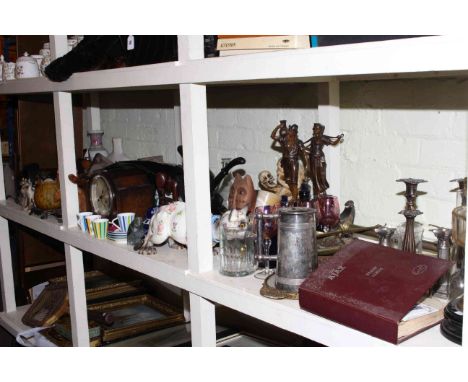Galle style faience model of a cat with nodding head, oak mantel clock, oil lamp, metalware, ornaments, Smiths Speedometer, S