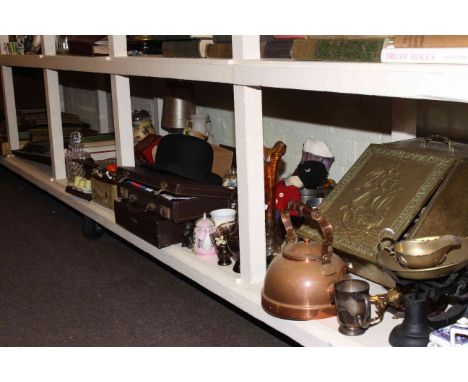 Full shelf of metalware, Masonic, bowler hat, kitchen scales, china, glass, pictures, etc