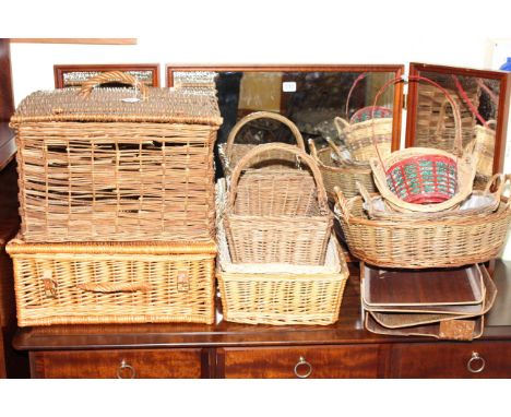 Vintage trunk, hampers, baskets and correspondence trays and angle poise lamp