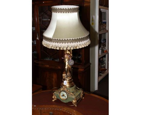 Large gilt lady figure table lamp/clock on green onyx base with silk shade