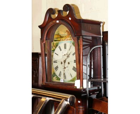 Antique oak eight day longcase clock having painted arched dial, Thos Gibson, Berwick