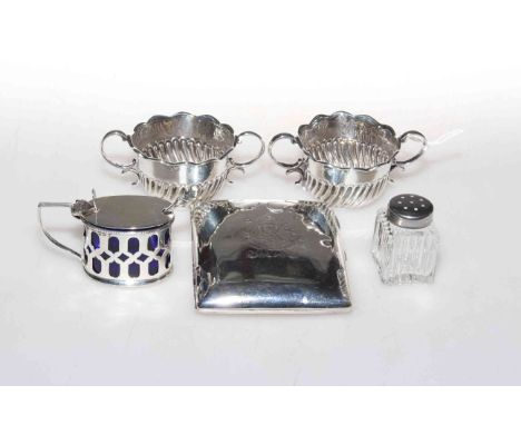 Silver cigarette case, pair of silver open salts, etc