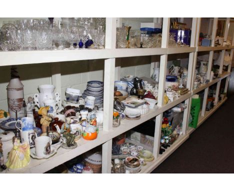 Full shelf of china tea and dinnerware, collectors plates, ornaments, four onyx lamps and shades, etc