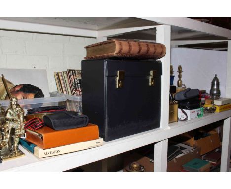 LP records, cameras, brassware, storage jars, small stool, cutlery, dominoes, playing cards, teddy prints, mirror, etc