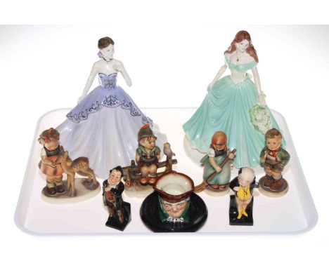 Two Coalport figurines, four Hummel figures, Doulton pin dish and two figures 'Pickwick' and 'Pecksniff'