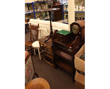 Rocking chair, painted Ibex chair, tripod occasional table, tea try, two stools, jewellery drawers, oak open bookcase, oak gr