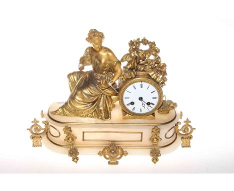 Ormolu and alabaster French mantel clock mounted with maiden and doves