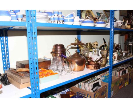Collection of copper, brass, glassware, china, Victorian box, joinery tools, etc