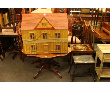 Oak copper bound planter, musical trinket table, carved oak box stool, Italian style coffee table and dolls house (5)