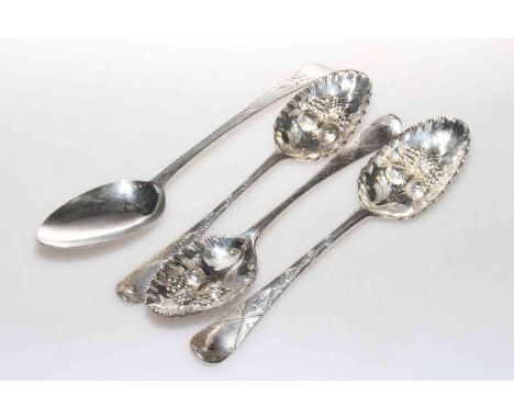 Three Georgian silver later decorated berry spoons and a bright-cut spoon, engraved JS/WT 1798 (4) 6.5oz gross