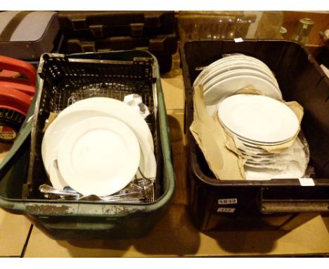 Two boxes of hotel ceramic ware including Titon, Dudson etc plus cutlery