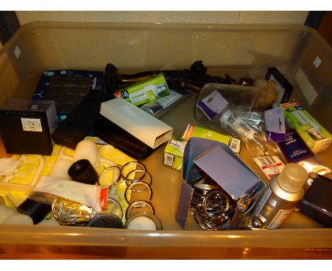 Box of miscellaneous items including light bulbs, flooring etc.