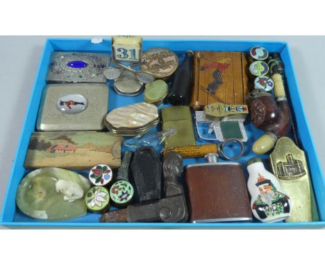 A Collection of Various Cigarette Cases, Snuff Bottle, Vintage Pipe, Enamelled Canisters, Miniature Hip Flask, Novelties Etc 