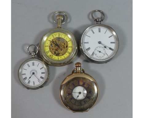 A Collection of Four Pocket Watches to Include Continental Silver, Plated Half Hunter, Replica Jaeger LeCoultre and Silver La