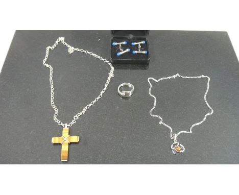 A Collection of Silver Costume Jewellery to Include Sterling Silver Crucifix, Silver Dress Ring, Gents Cufflinks and Necklace