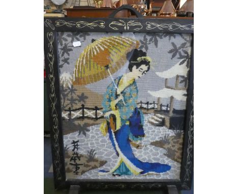 An Ebonised Framed Tapestry Firescreen Depicting Oriental Lady with Parasol, 87cms High 