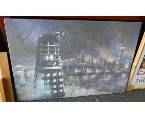 A Mounted but unframed Simon Watson Dr Who Print Signed by Katy Manning and Colin Baker Depicting Dalek in Front of Westminst