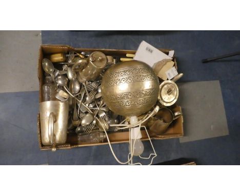 A Box Containing Vintage Cutlery, Teapots and Hot Water Jugs, Table Lamp Etc 