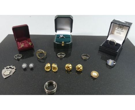 A 9ct Gold Sovereign Ring Mount together with Costume Jewellery, Silver Rings, Silver Watch Fob Etc 