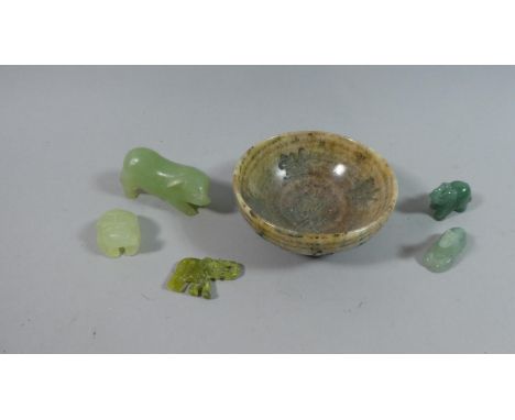 A Collection of Carved Jade and Jadeite Animals in Oriental Stoneware Bowl 