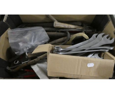 A Box Containing Workshop Tools to Include Ring and Open Ended Spanners, Hammers Etc 