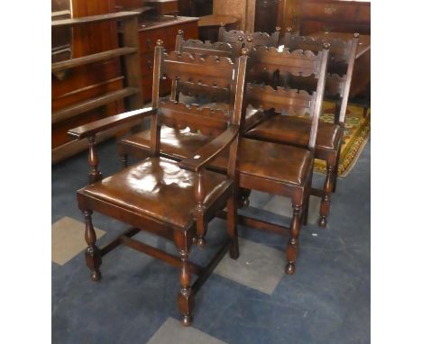 A Set of Five Oak Ladder Back Dining Chairs with Hide Seats 