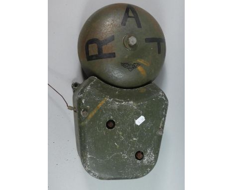 A Vintage Green Painted Wall Mounting Alarm Bell, Painted with the Letters RAF, Although non-Military, 46cms High 