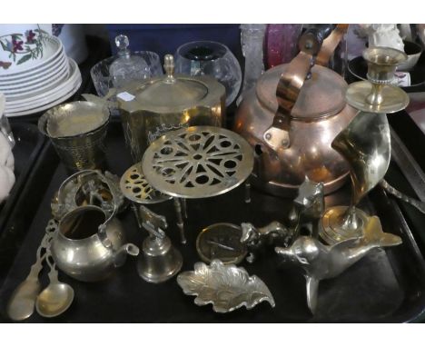 A Tray of Copper and Brasswares to Include Kettle, Tea Caddy, Kettle Stand, Candlestick Etc 