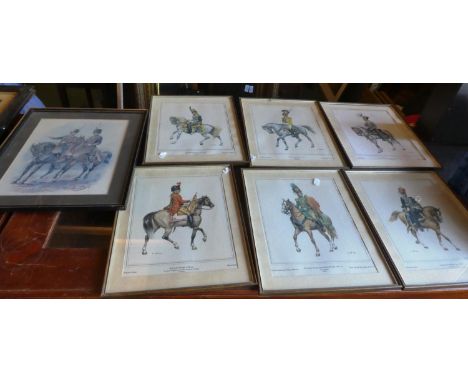 A Framed Set of Six Continental Coloured Prints Depicting Cavalry Soldiers together with a Hussars Print After Stadden 
