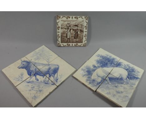 A Pair of Wall Tile Studies of Pig and Bull together with a Victorian Tile Depicting Children Beside Harbour, Entitled 'July'